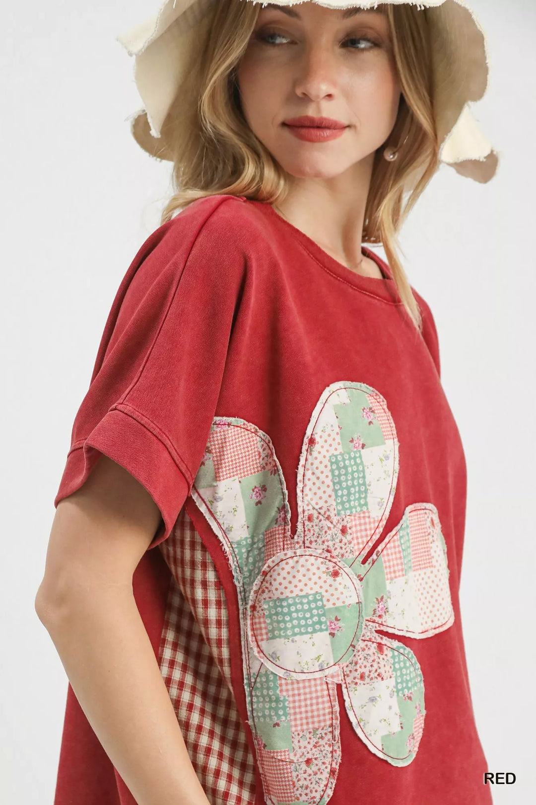 Mineral wash French terry top with floral patchwork flower