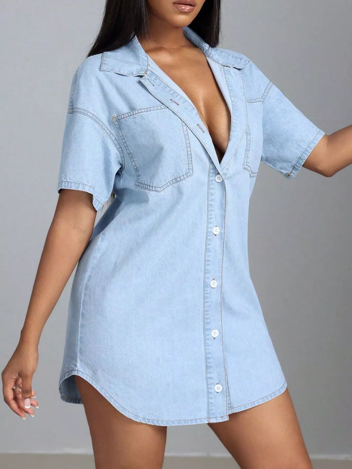 Button-down short sleeve denim shirt mini dress
