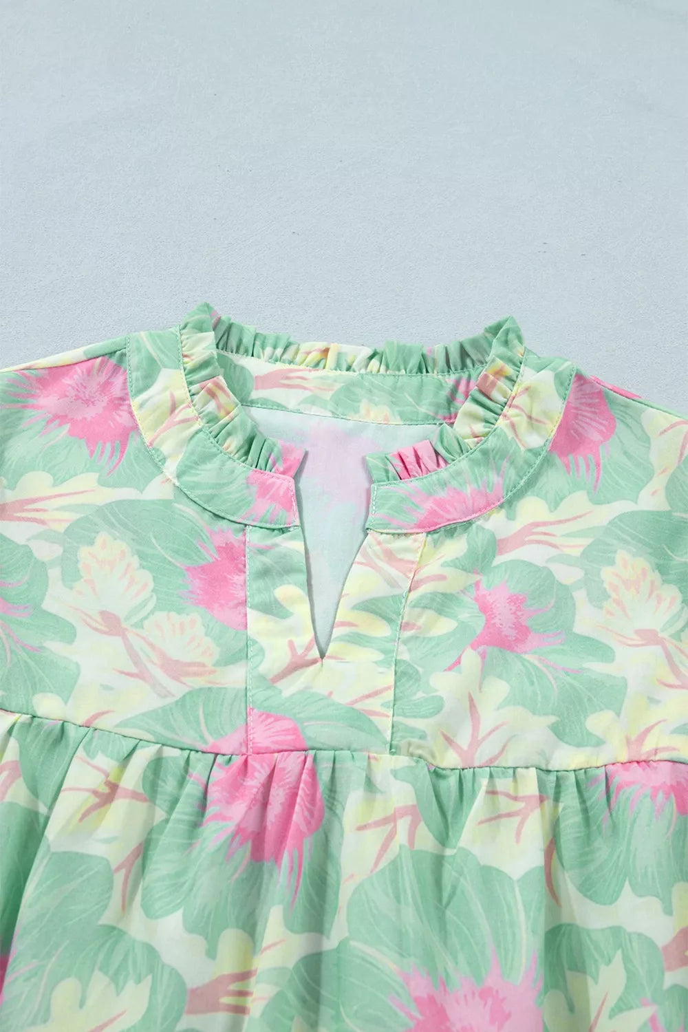 Floral print puff sleeve blouse with split neck