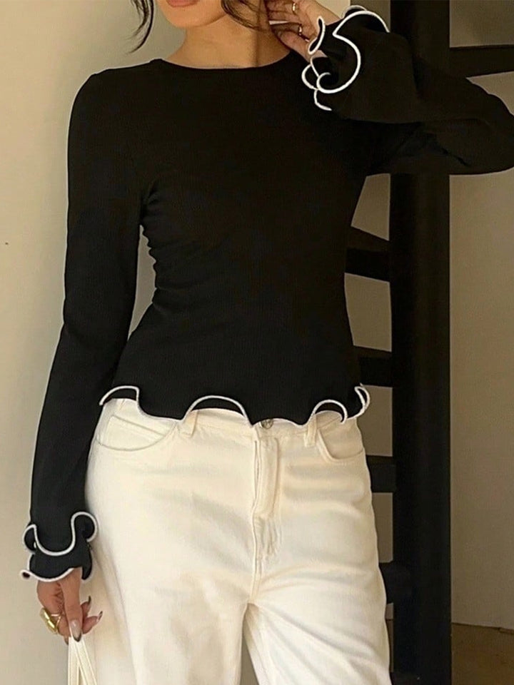 Ribbed lettuce-hem long sleeve top with tie back