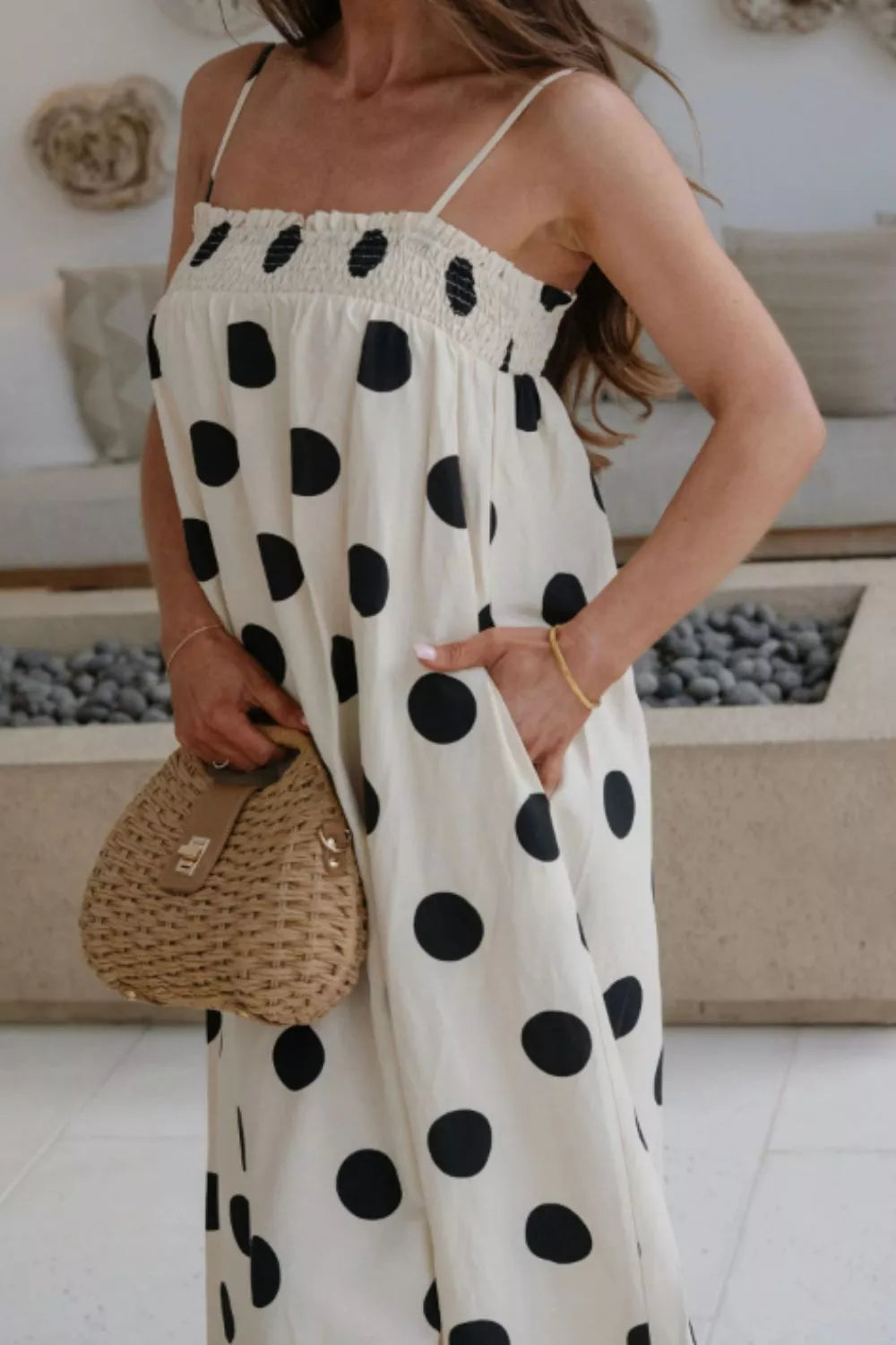 Polka dot smocked spaghetti strap maxi dress