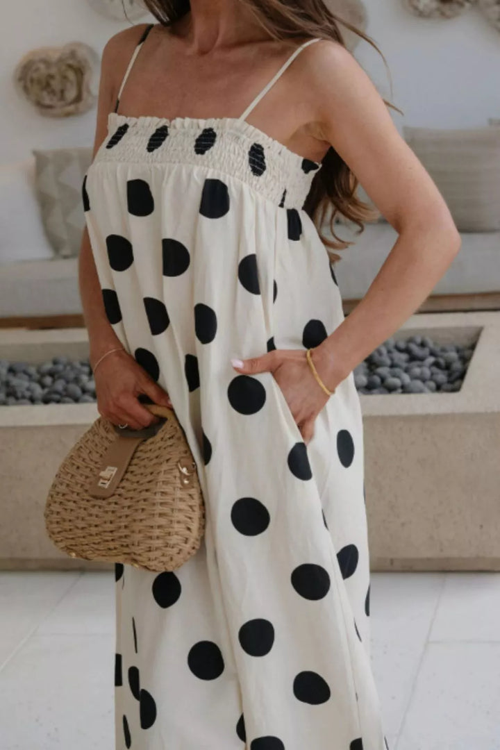 Polka dot smocked spaghetti strap maxi dress