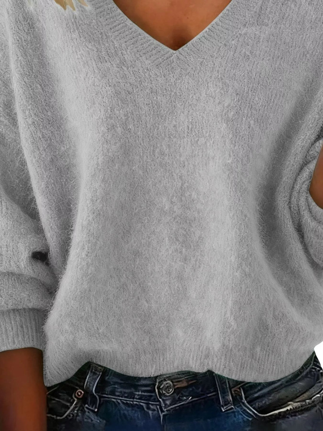 Dropped-shoulder V-neck brushed knit sweater