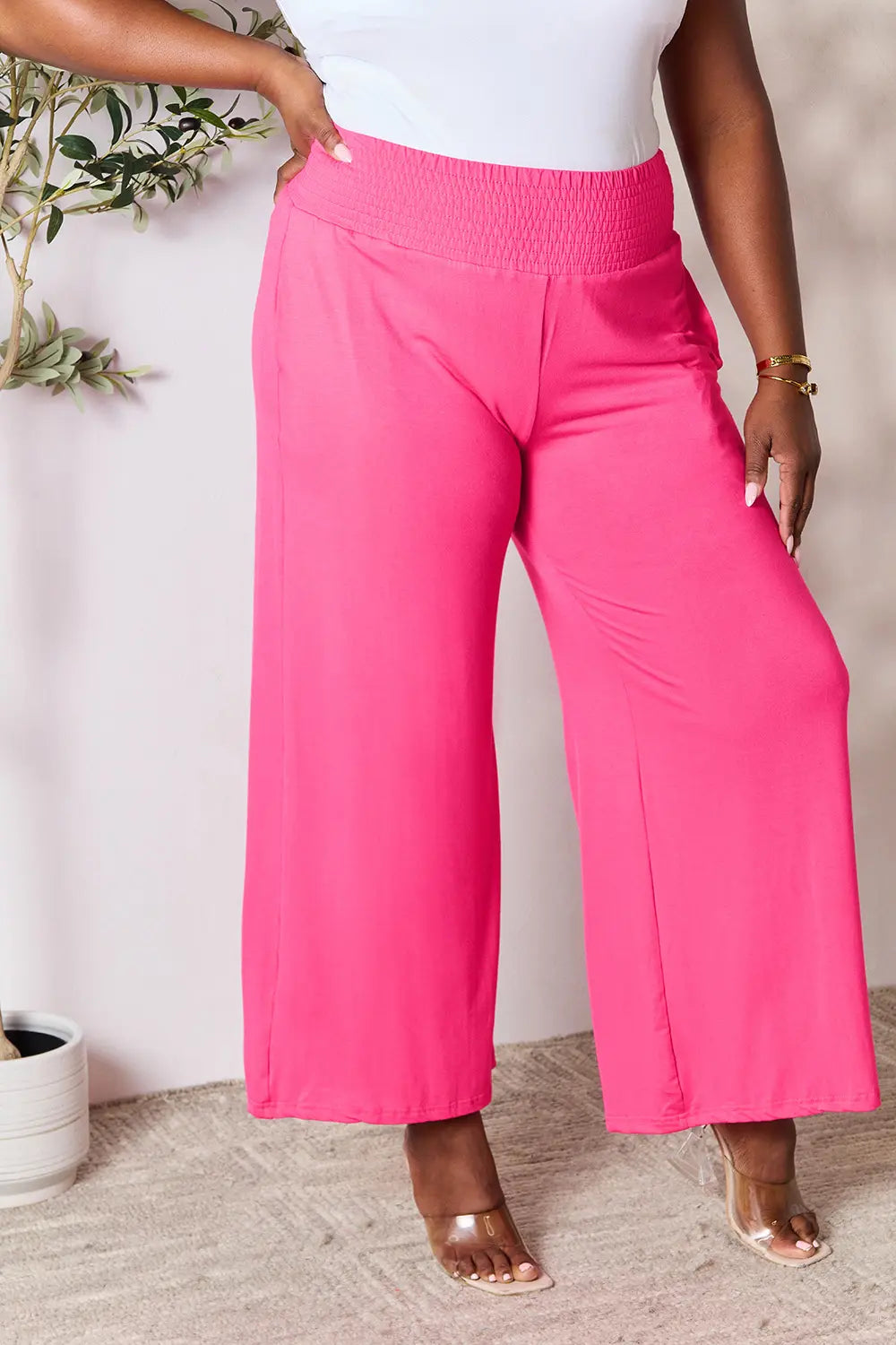Smocked wide-waistband wide-leg jersey pants with pockets