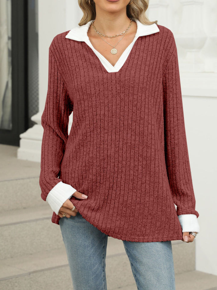 Rust Red Ribbed knit long sleeve top with contrast collar and cuffs