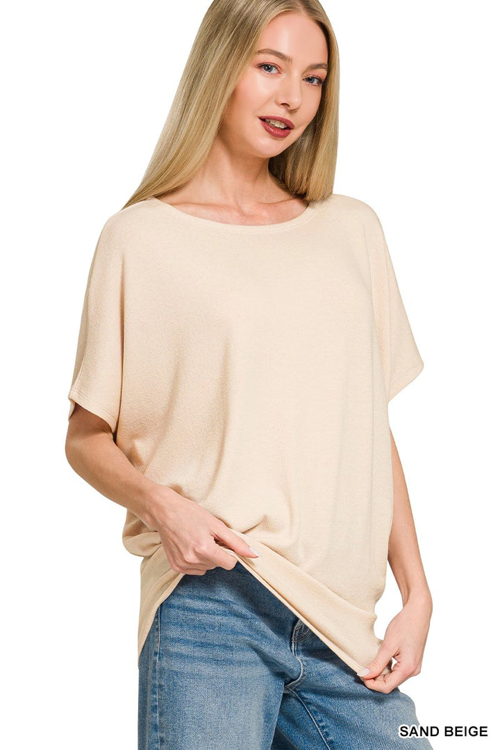 Dolman sleeve boat neck hacci knit relaxed top