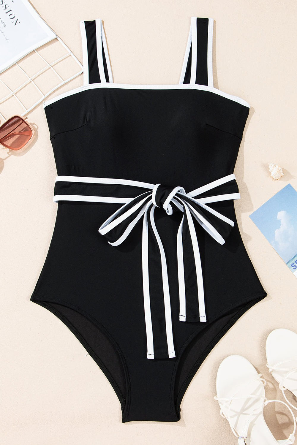 Contrast trim belted one-piece swimsuit with square neckline