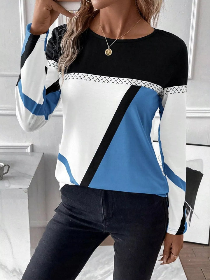Sky Blue Geometric color block long sleeve crew neck top