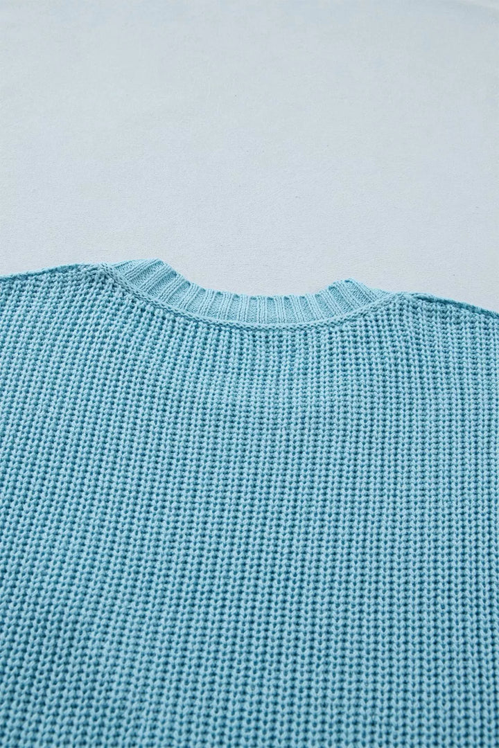 Boxy ribbed knit half-sleeve crew neck sweater