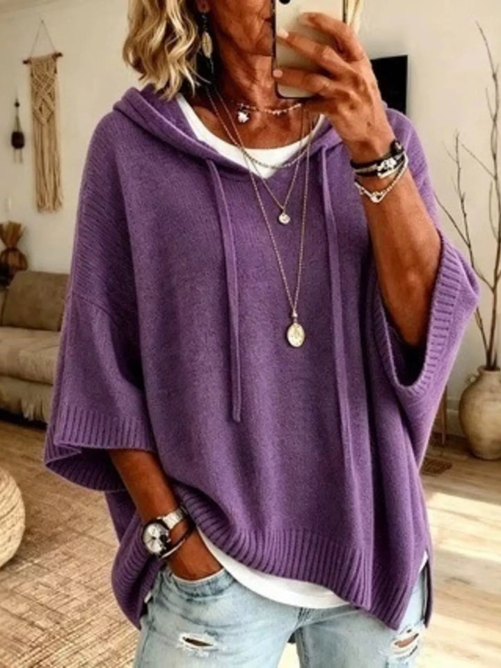 Purple Hooded batwing sleeve knit sweater with drawstring