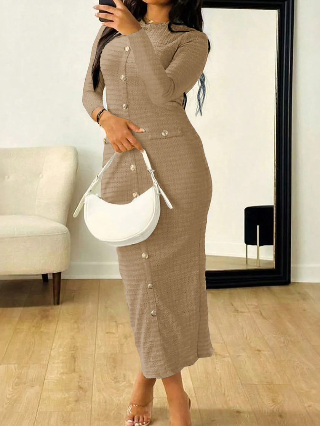 Textured knit button-front long sleeve midi dress