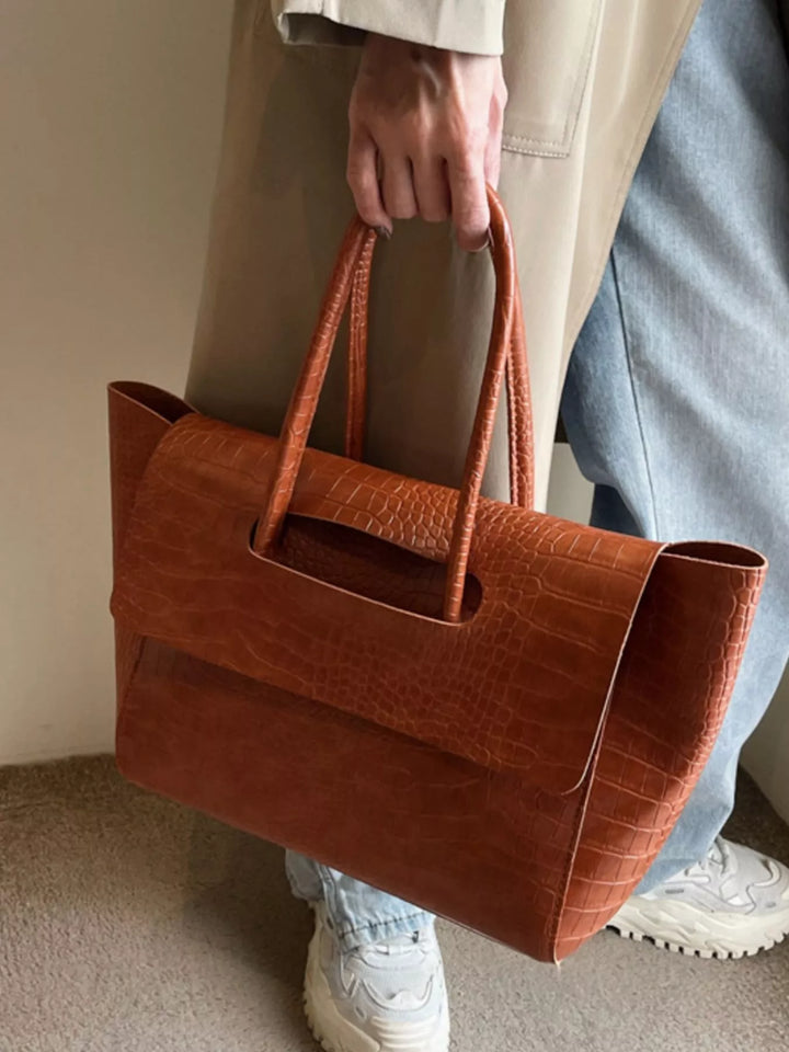 Croc-embossed faux leather shoulder tote bag