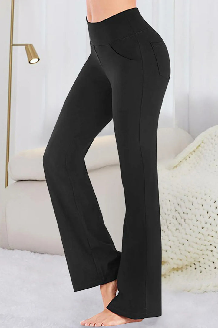 Black High-waisted flare yoga pants with side phone pockets