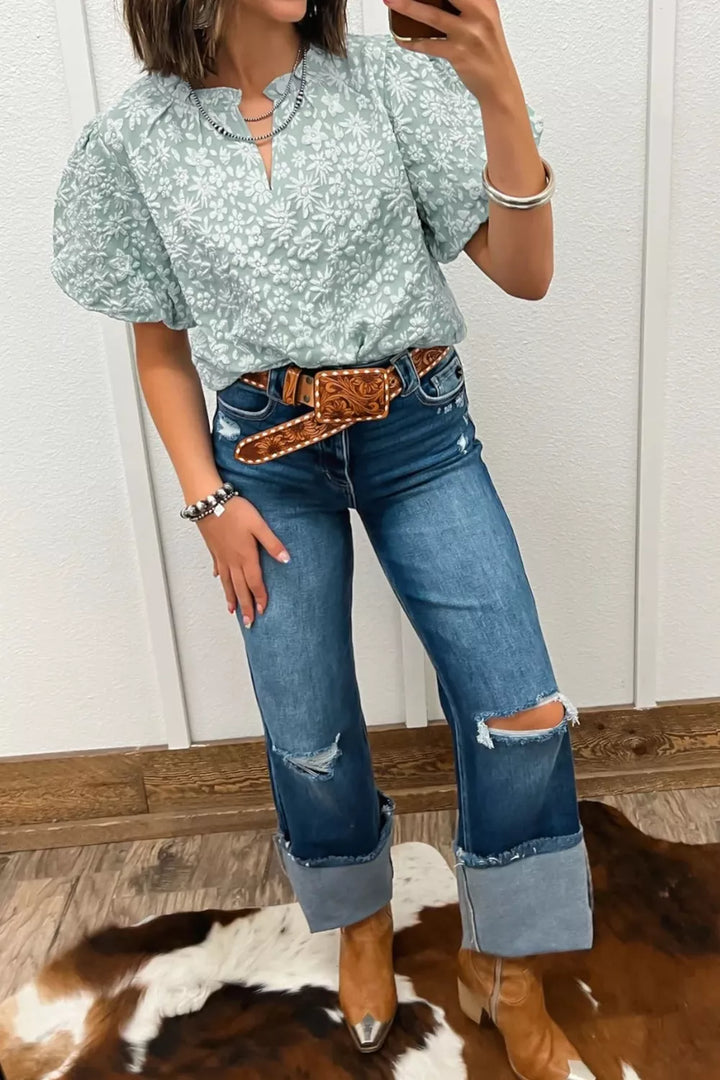 Floral jacquard puff sleeve blouse with split neck