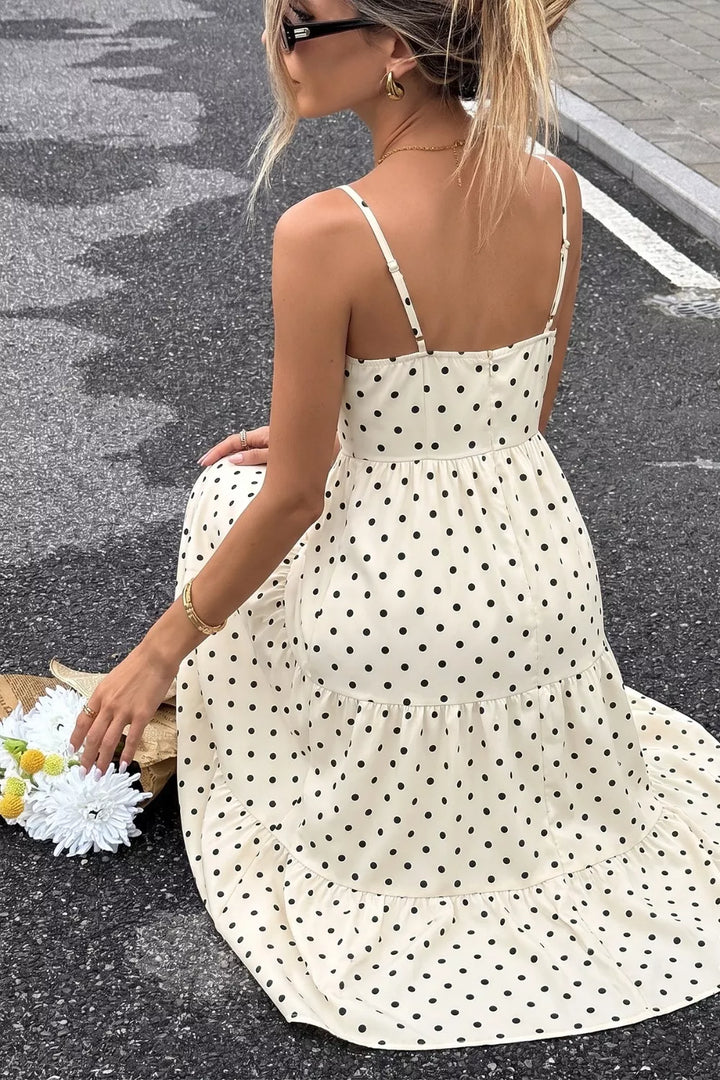 Polka dot tie-front cutout tiered maxi dress