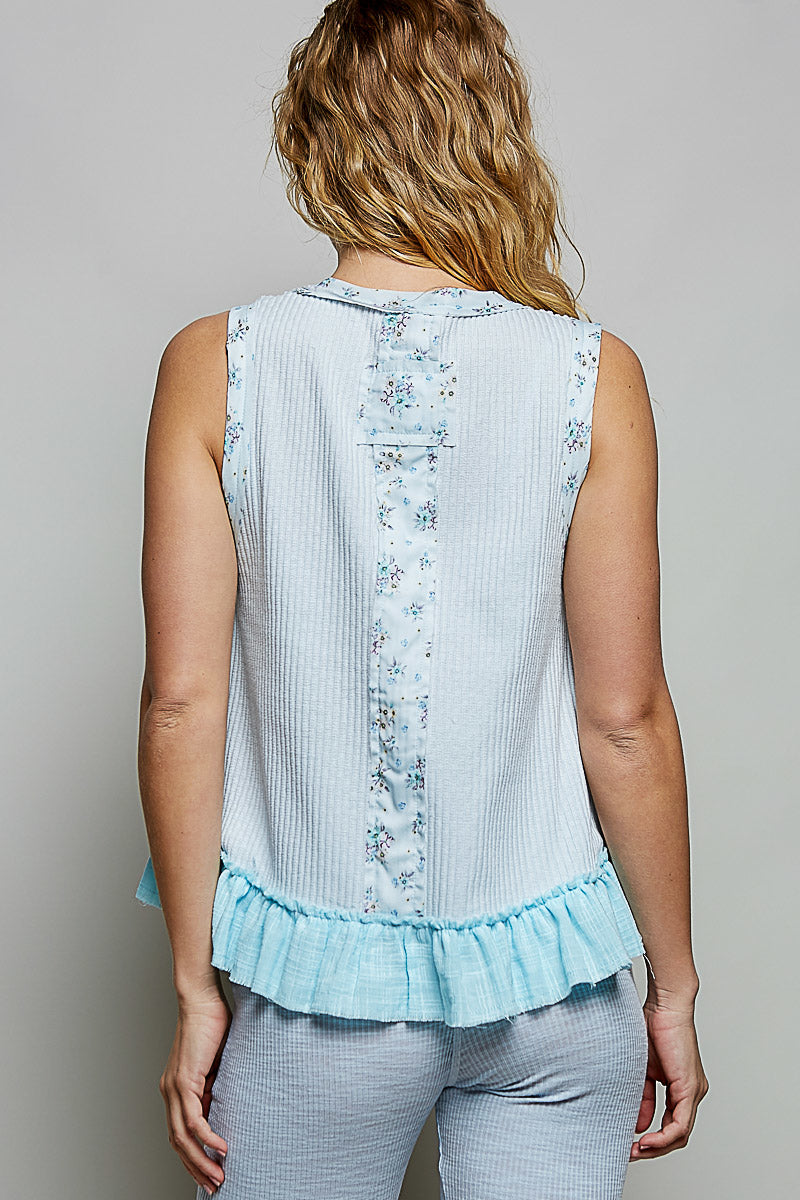 Floral patch ribbed tank with double gauze ruffle hem