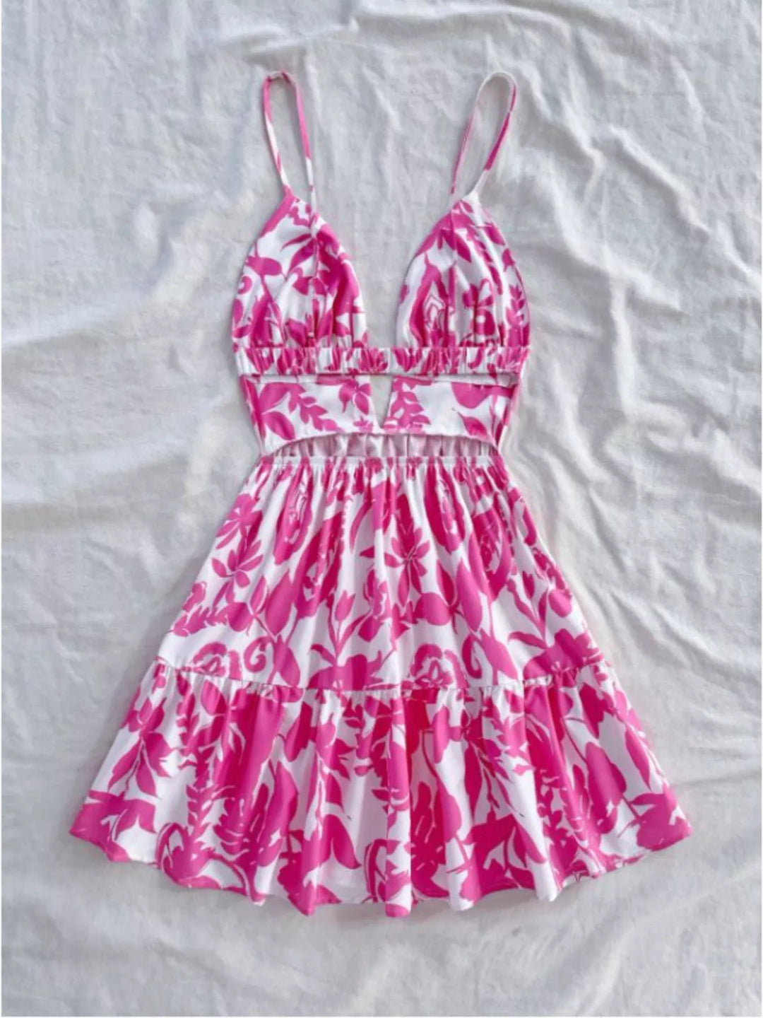 Floral print cutout mini dress with tiered ruffle hem