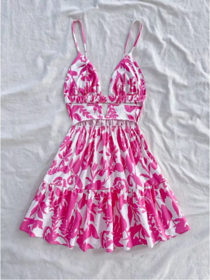 Floral print cutout mini dress with tiered ruffle hem