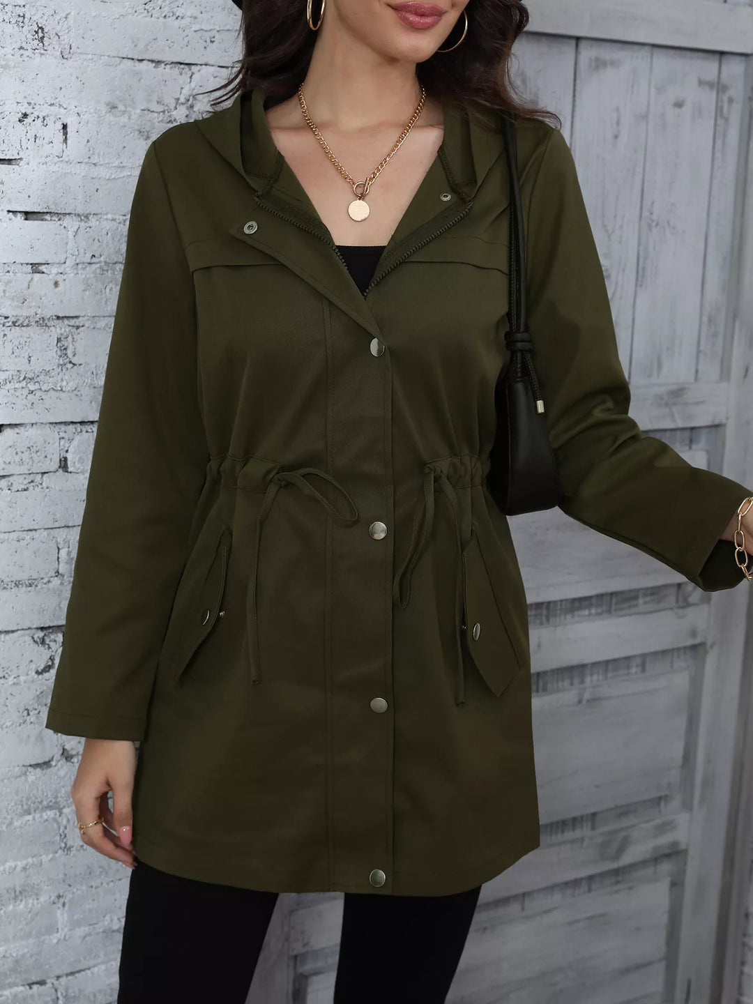 Army Green Hooded drawstring waist utility anorak jacket