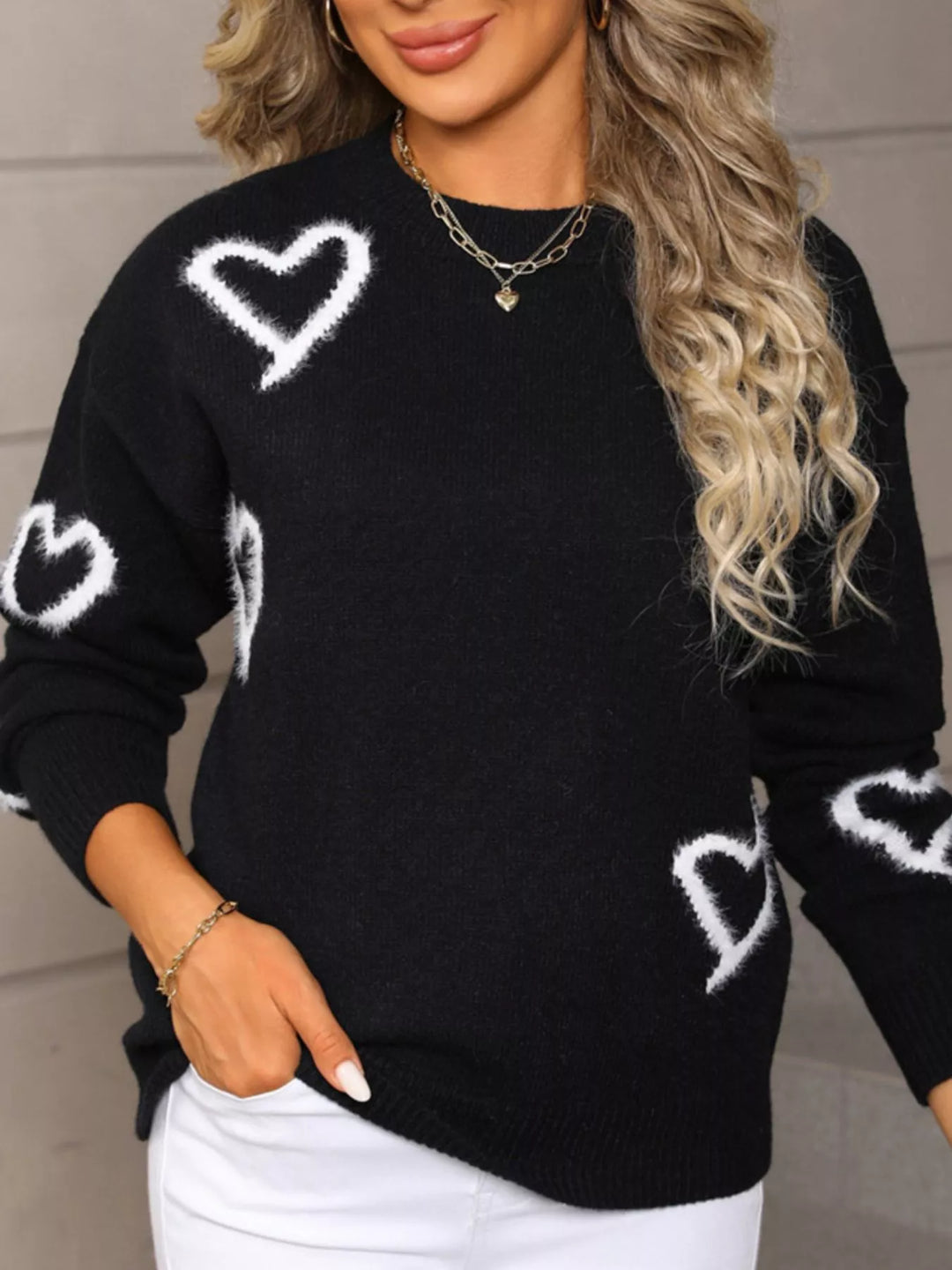 Fuzzy heart crew neck sweater with ribbed trim