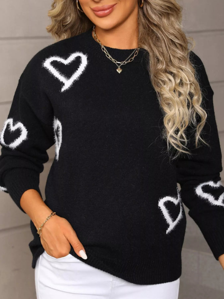 Fuzzy heart crew neck sweater with ribbed trim