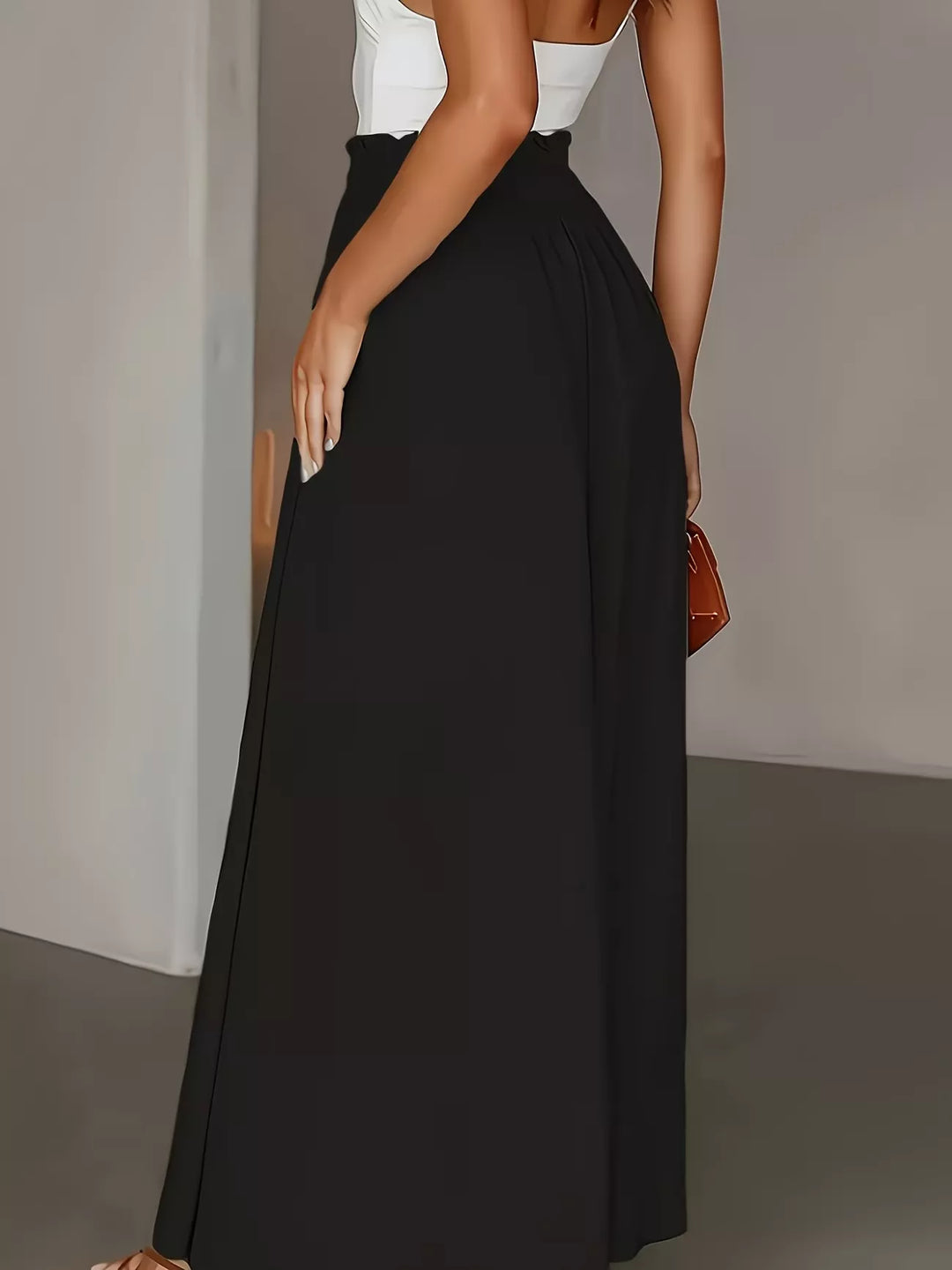 High-rise paper bag wide-leg pants with button front