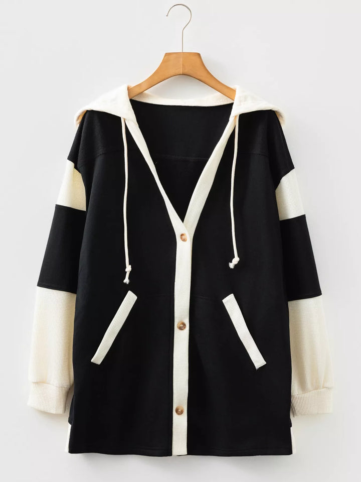 Color block button-down hoodie with waffle-knit trim