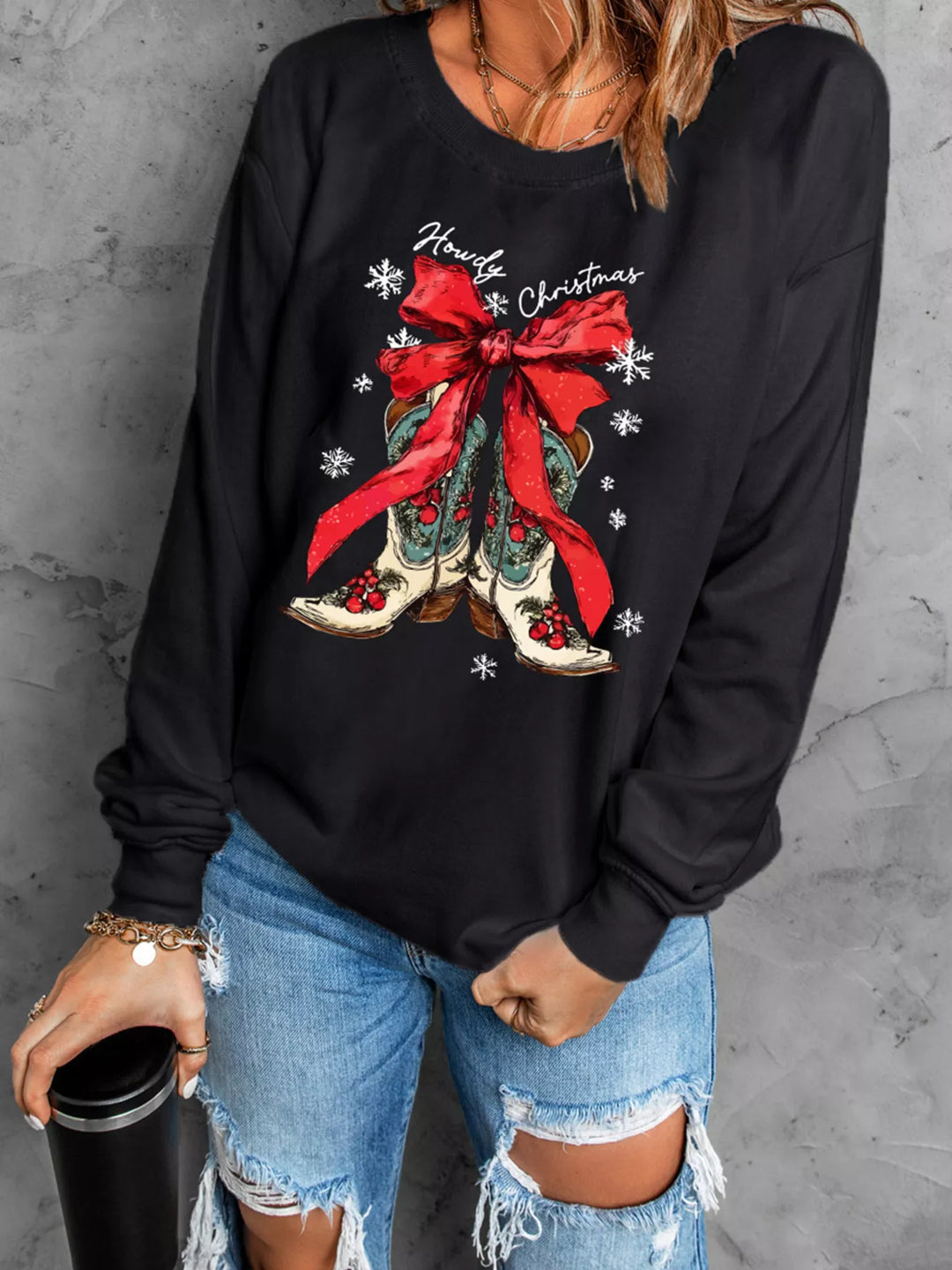 Black Howdy Christmas western boots graphic crewneck sweatshirt