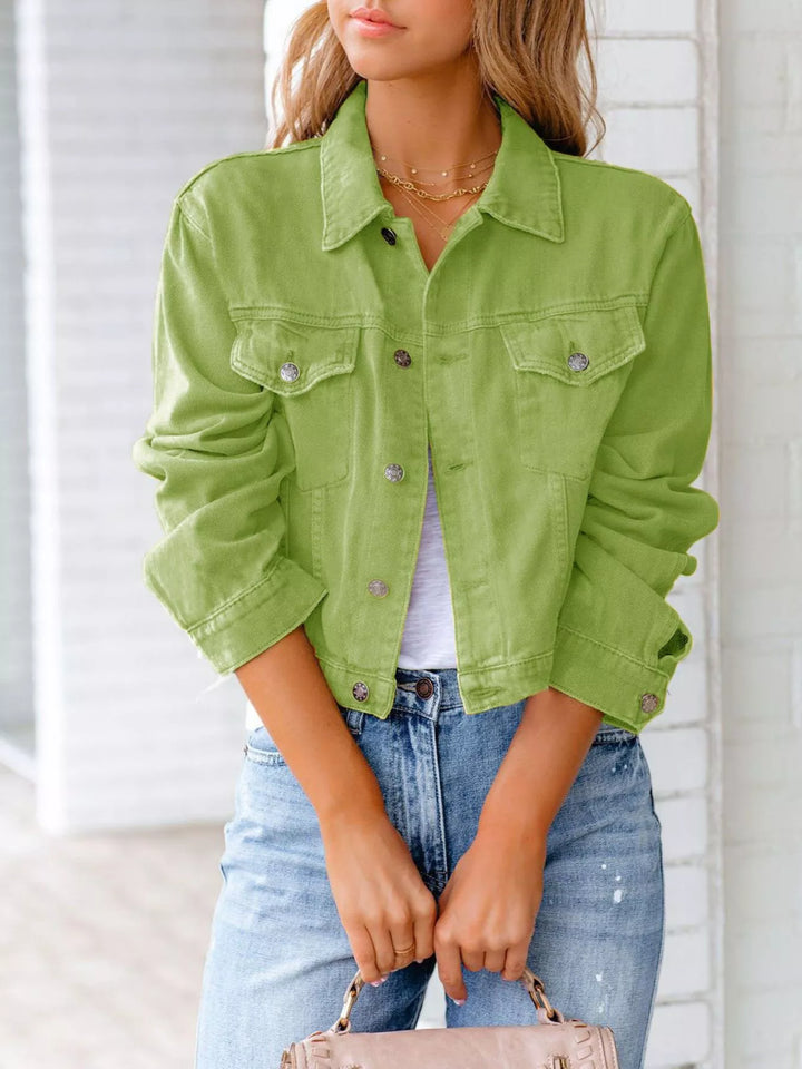 Matcha Green Cropped button-up denim jacket with chest pockets