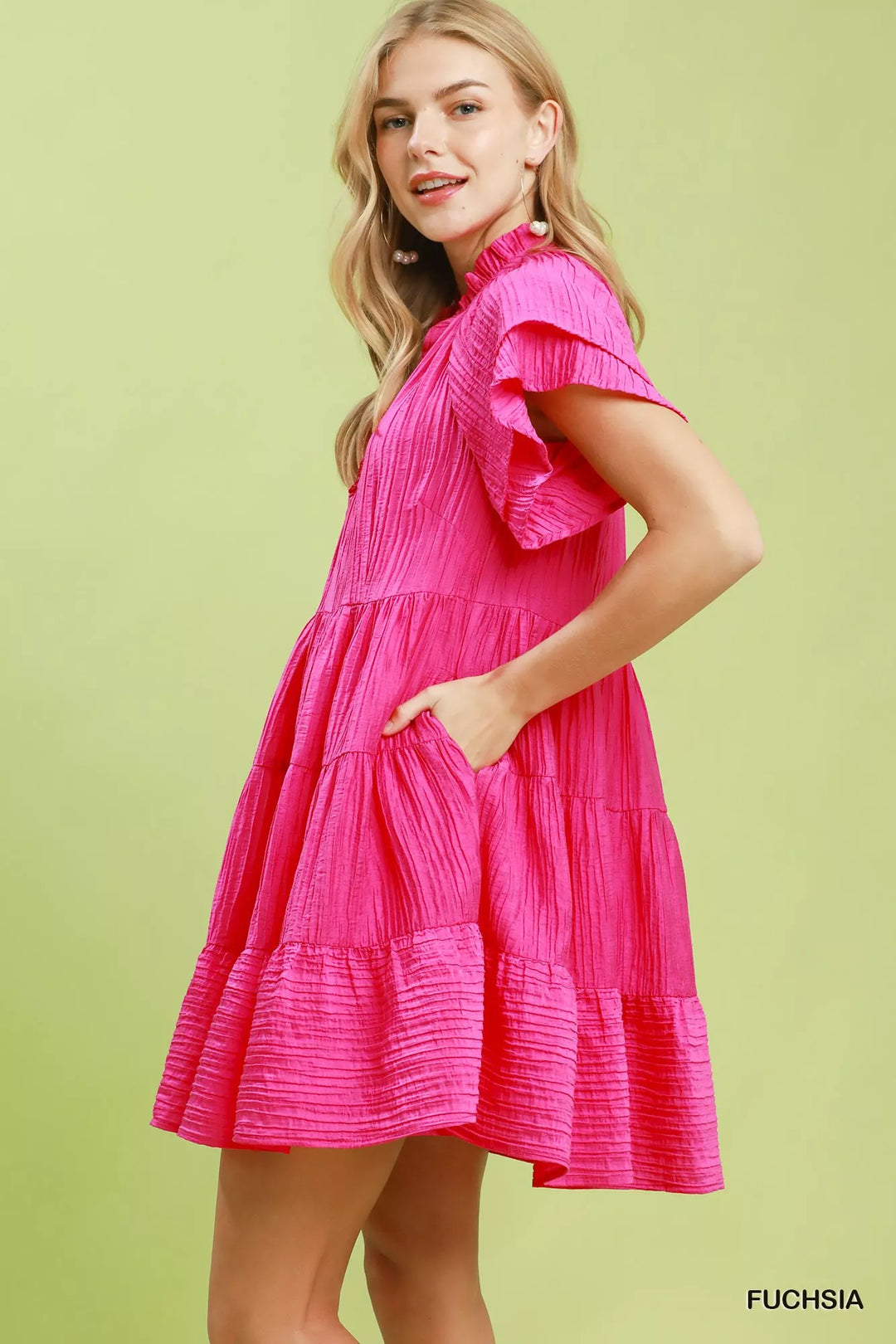 Textured tiered mini dress with flutter ruffle sleeves