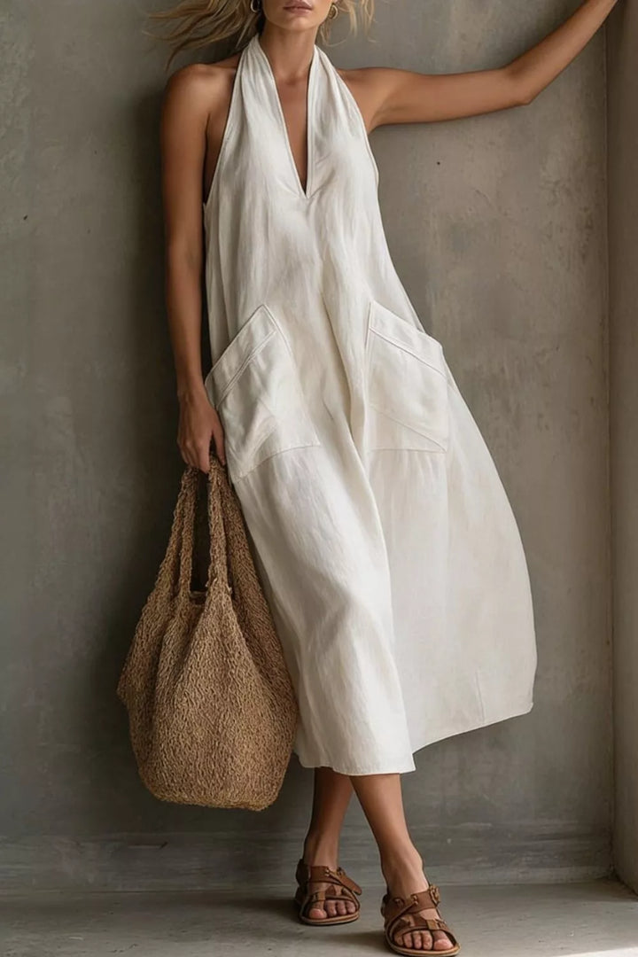 White Relaxed halter neck midi dress with patch pockets