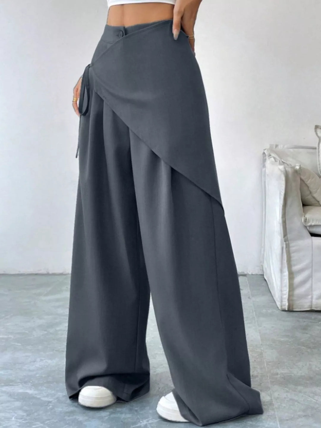 High-rise wrap-front wide-leg pants with drawstring tie