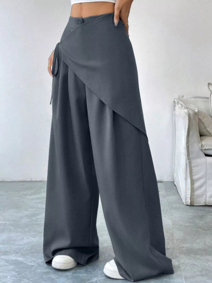 High-rise wrap-front wide-leg pants with drawstring tie