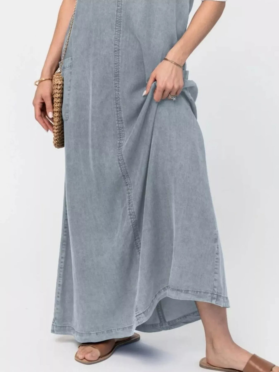 Washed denim cami maxi dress with side pockets