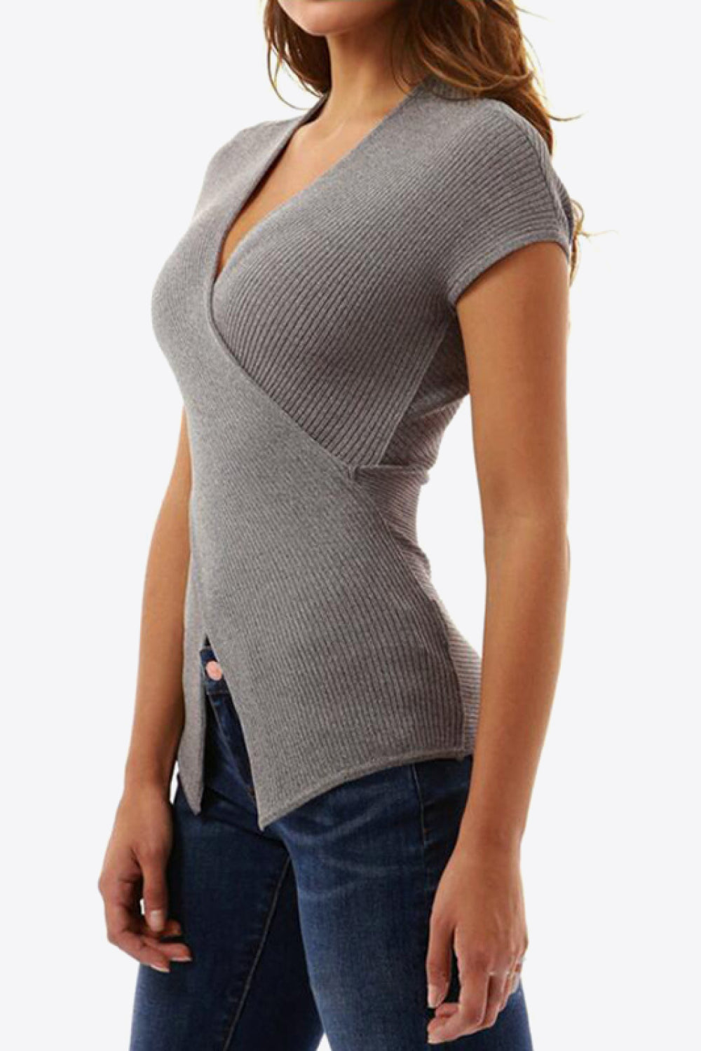 Gray Dawn Ribbed surplice-neck top with side slit and cap sleeves