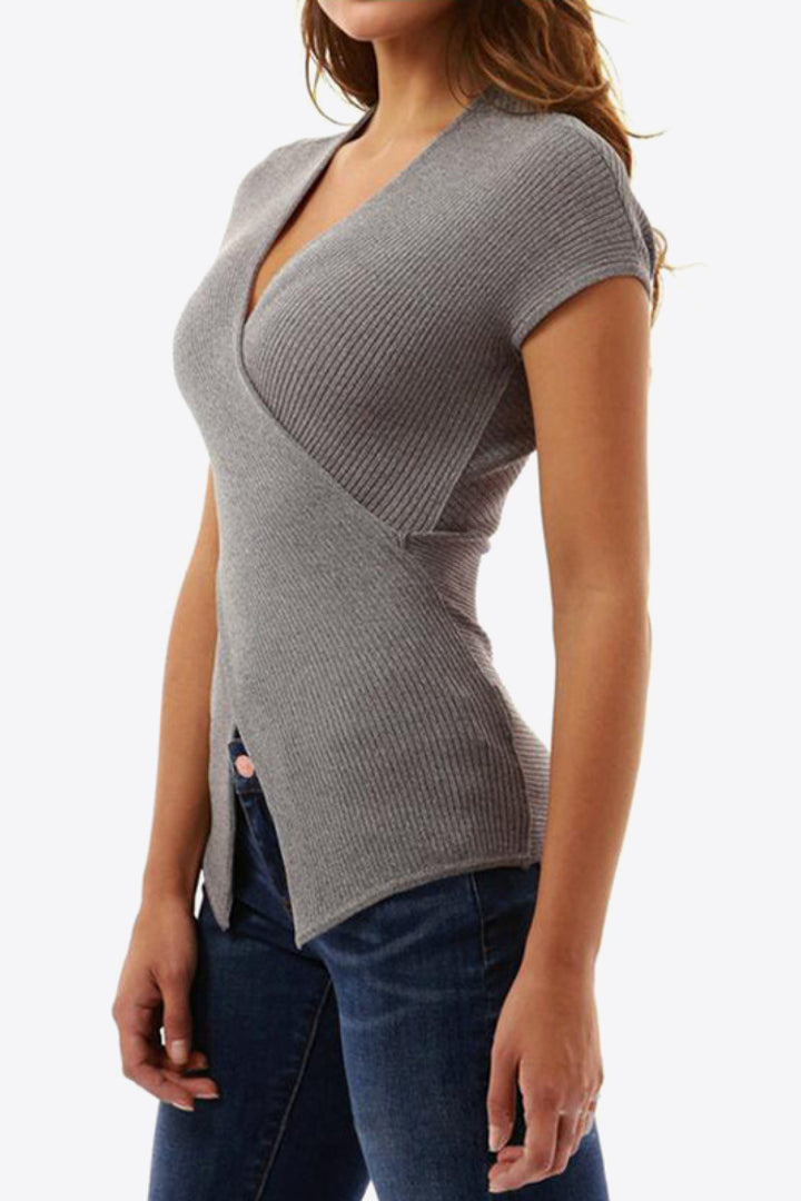 Gray Dawn Ribbed surplice-neck top with side slit and cap sleeves