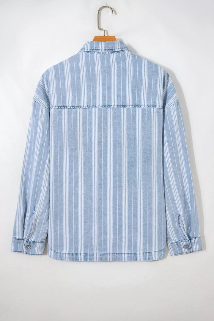 Striped denim shacket with chest pockets and raw hem