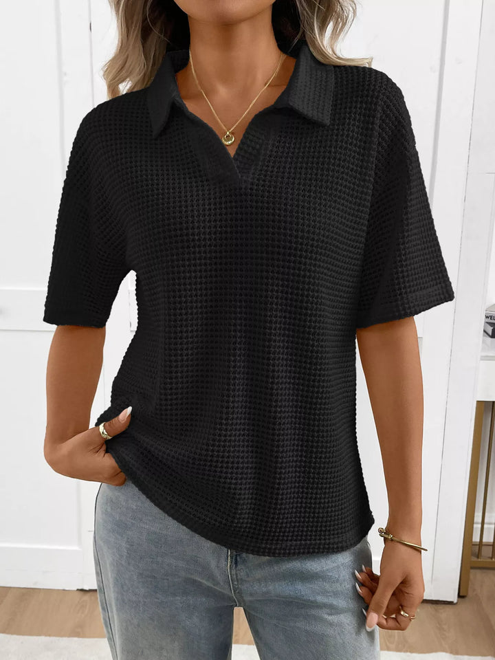 Striped waffle-knit collared short sleeve top