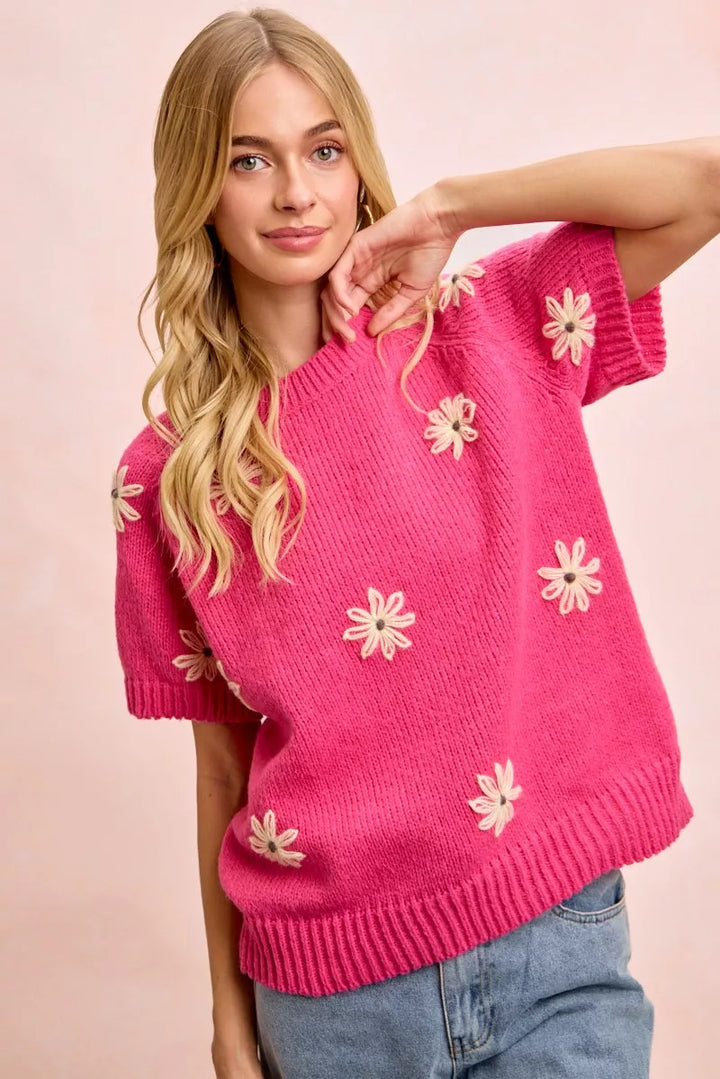 Fuchsia/Lemon Floral embroidered short sleeve knit sweater top