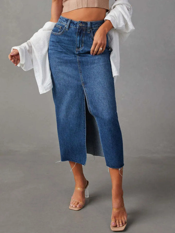 Medium High-rise denim midi skirt with raw hem and front slit