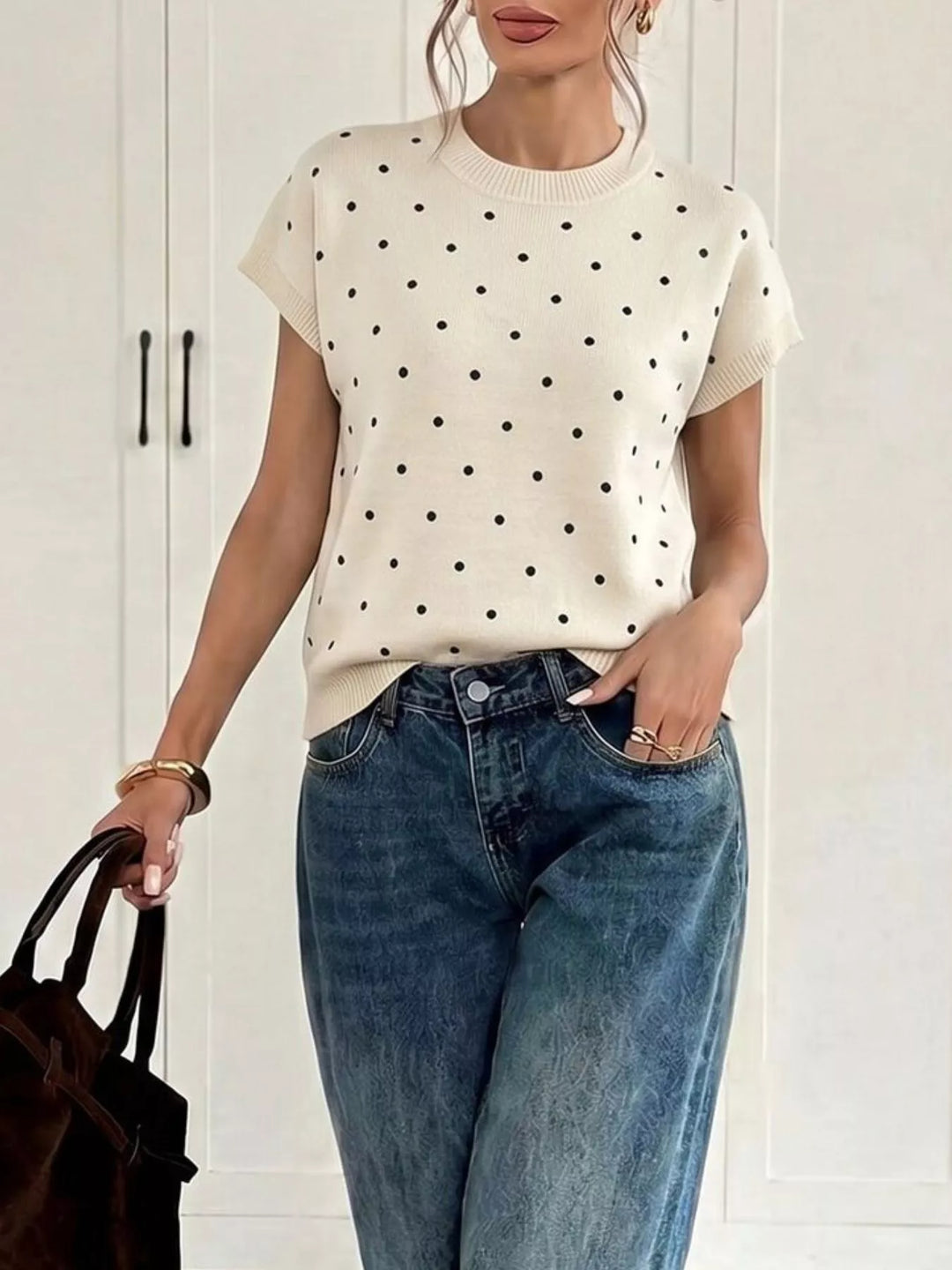 Polka dot short sleeve knit sweater with ribbed trim