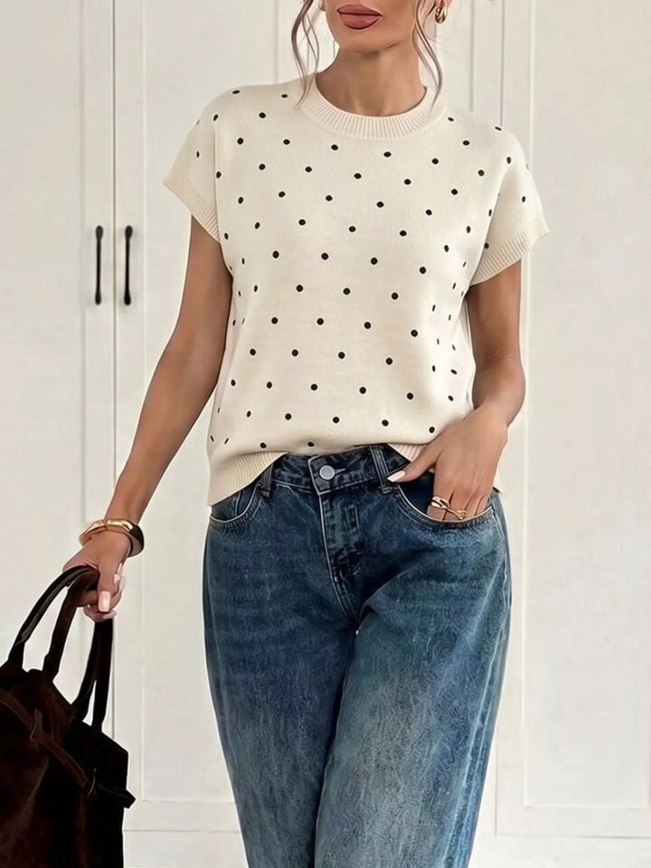 Polka dot short sleeve knit sweater with ribbed trim