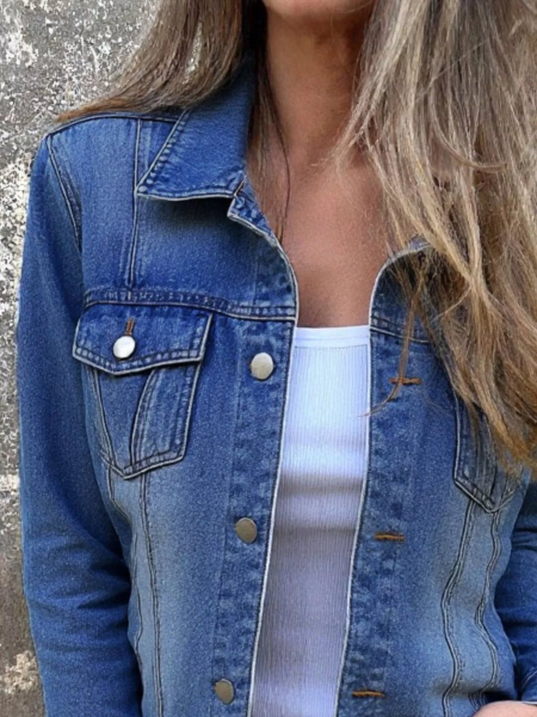 Button-front long sleeve denim jacket with chest flap pockets