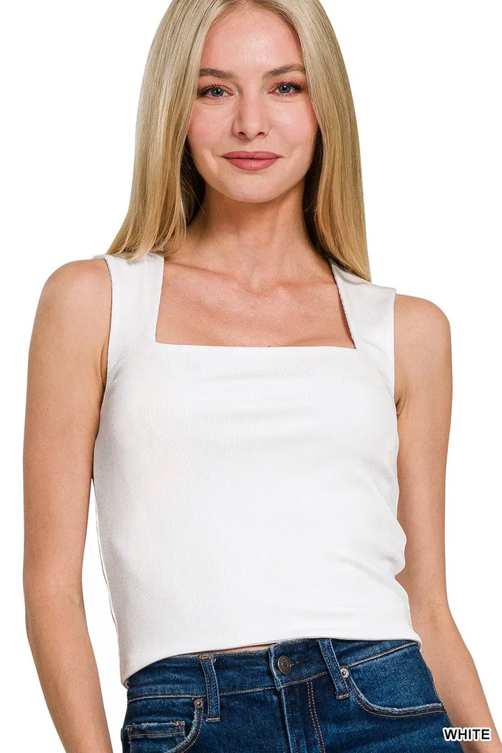 WHITE Ribbed seamless double-layered square neck tank