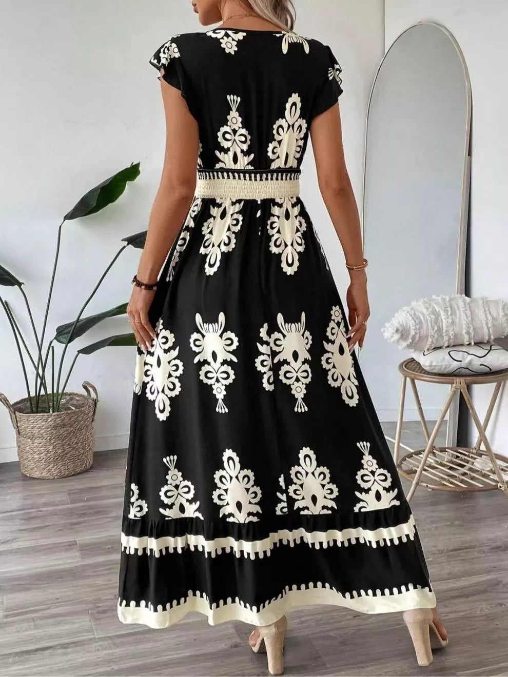 Ornate print v-neck maxi dress with flutter sleeves