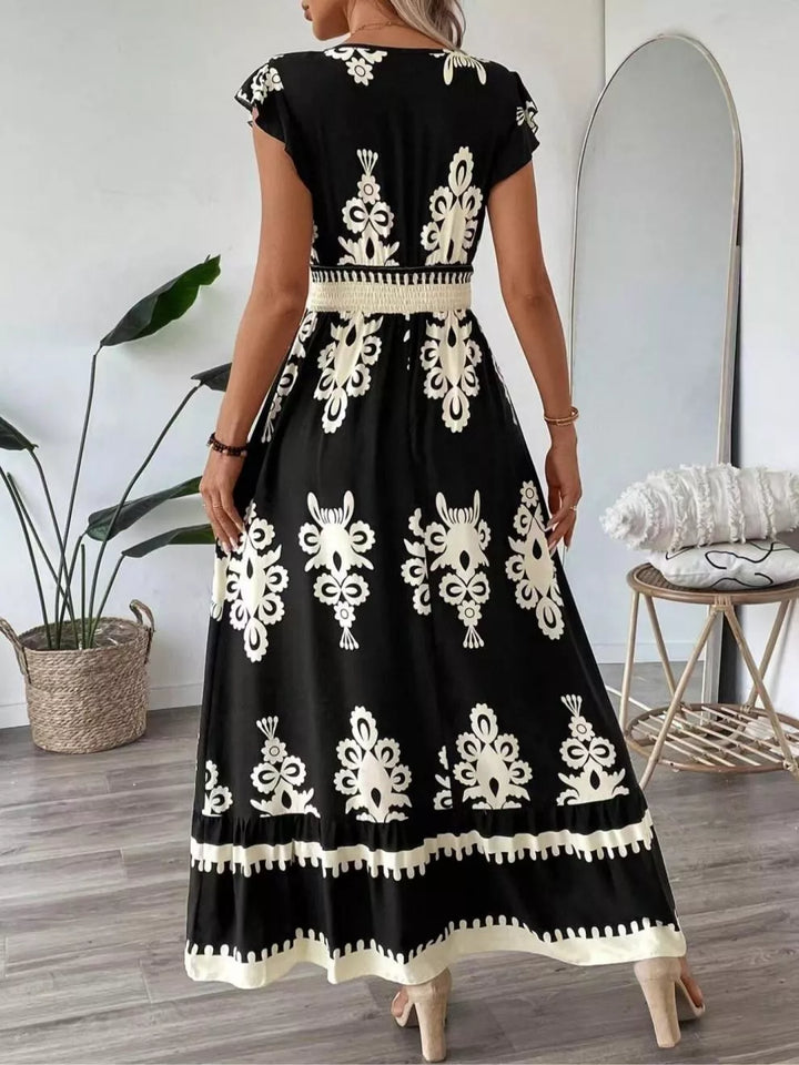Ornate print v-neck maxi dress with flutter sleeves