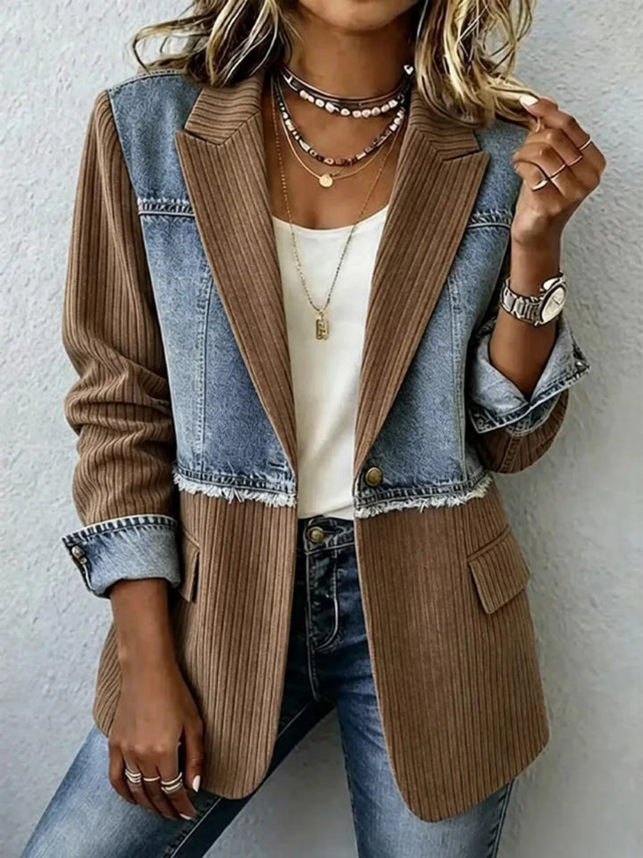 Brown Denim patchwork ribbed blazer with raw hem and notch lapels