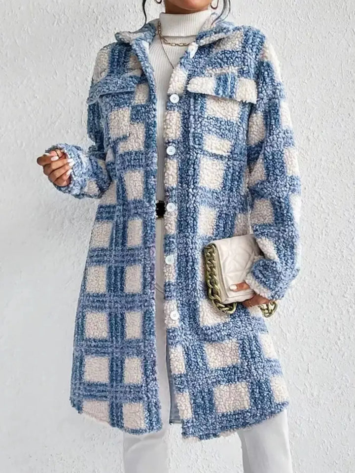 Plaid sherpa fleece button-up longline coat with collar