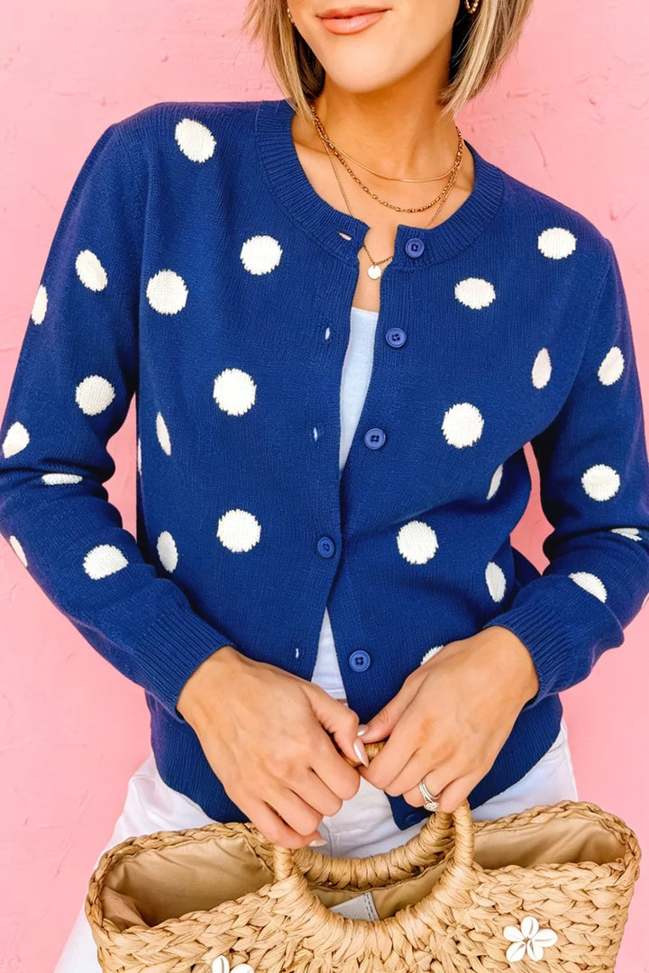 Polka dot knit button-front cardigan with ribbed trim