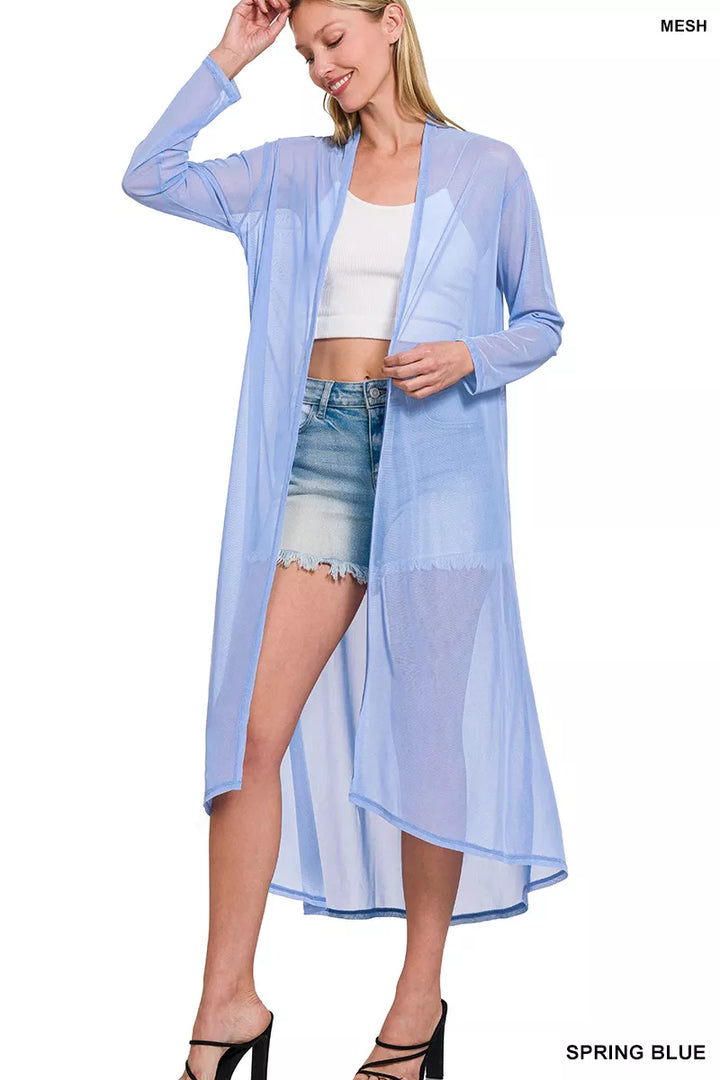 SPRINGBLUE Sheer mesh open-front long duster cardigan